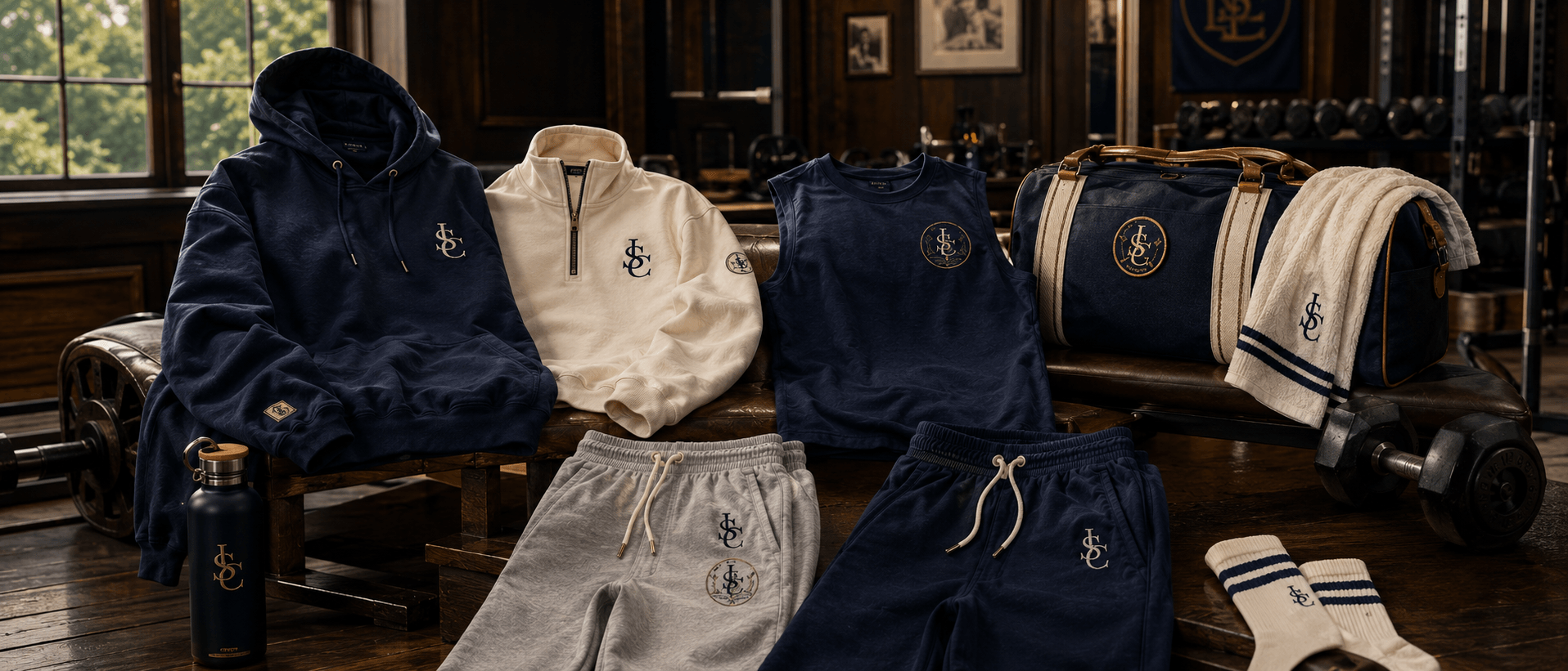 Lakeside Fitness apparel arranged in a training room