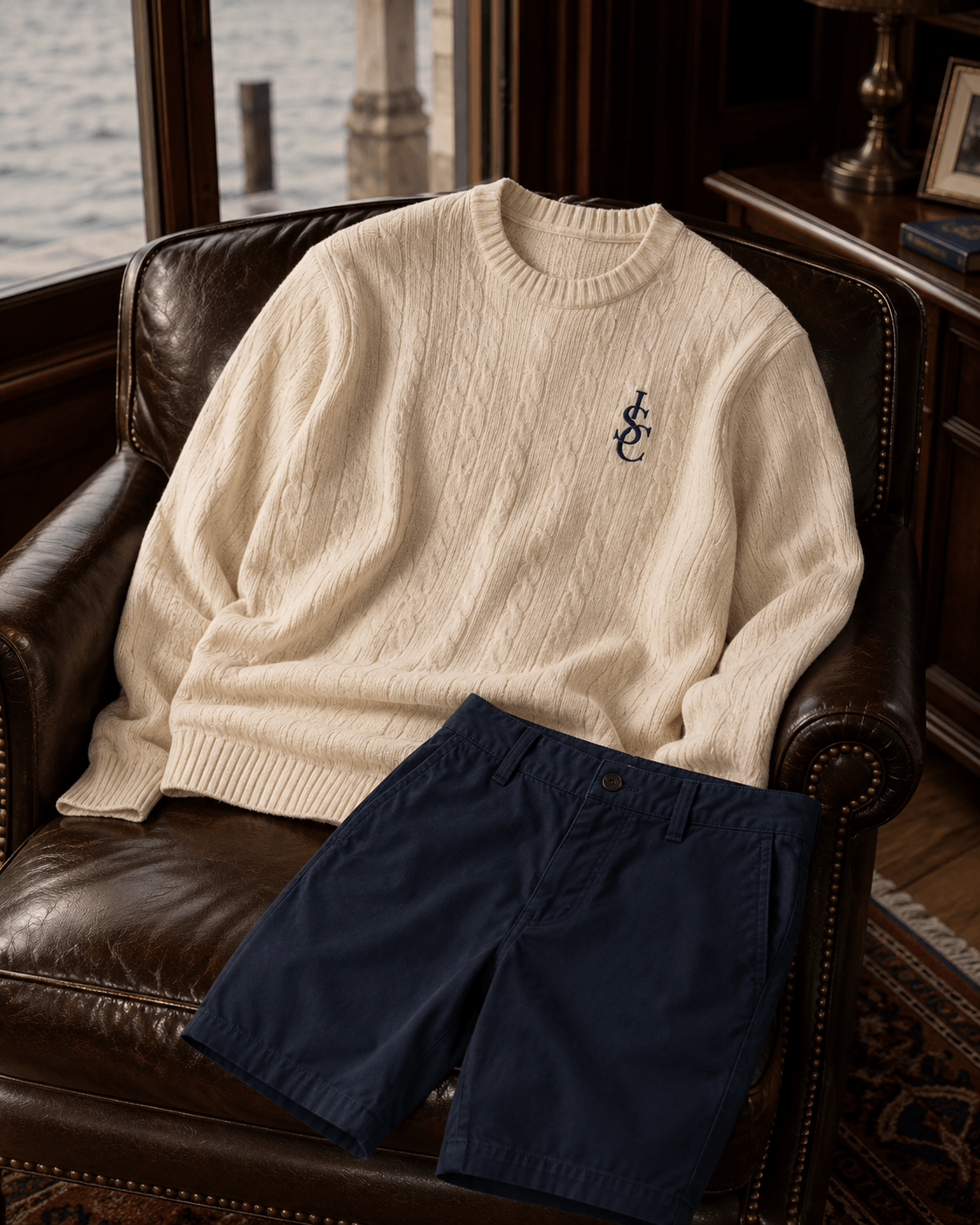 A cable-knit crewneck and navy shorts laid across a leather chair
