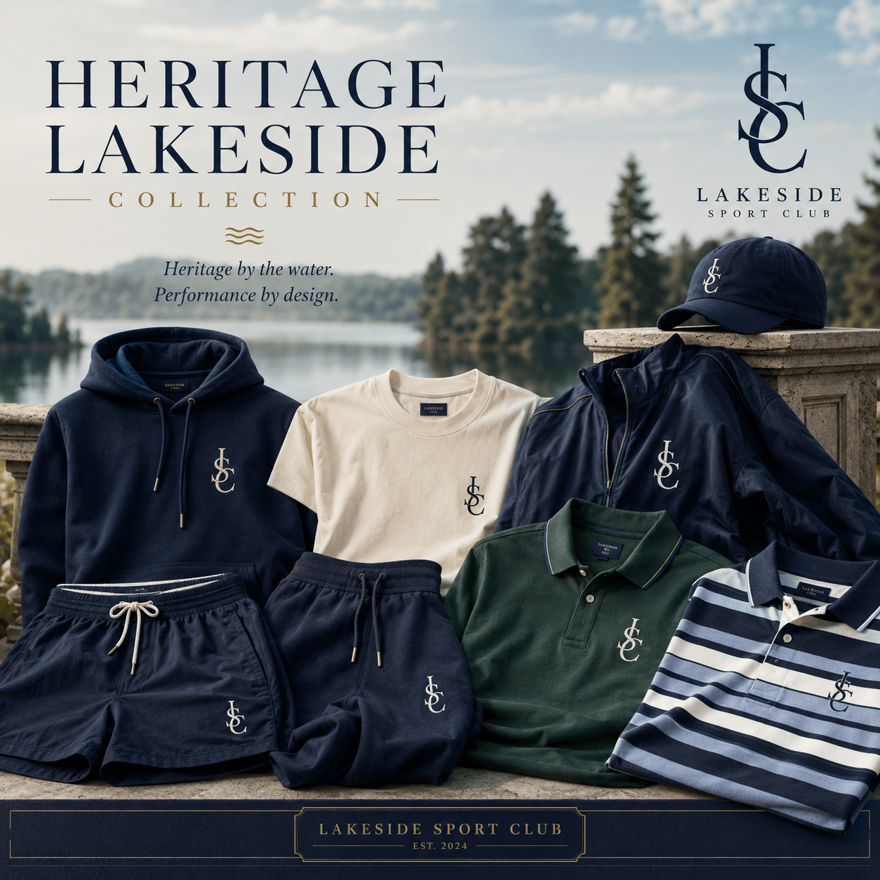 Heritage-inspired Lakeside Sport Club apparel arranged by the water