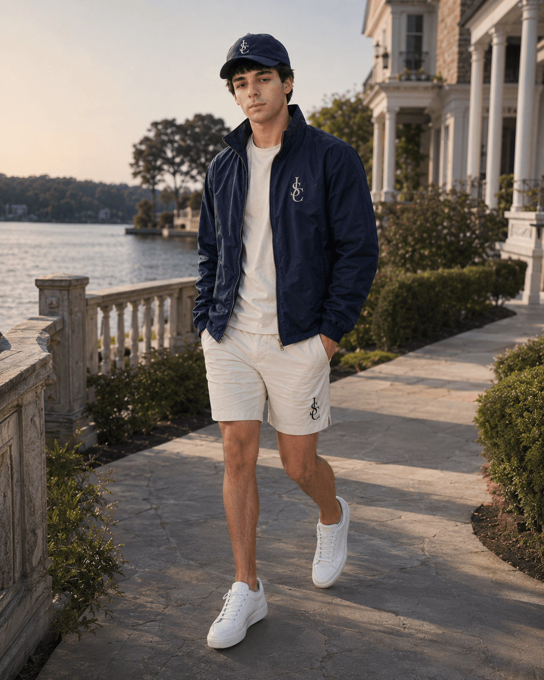 A relaxed stroll by the lakeside mansion